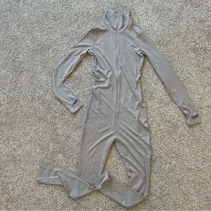 Grey Ribbed Zipper Long Sleeve Full Body Jumpsuit